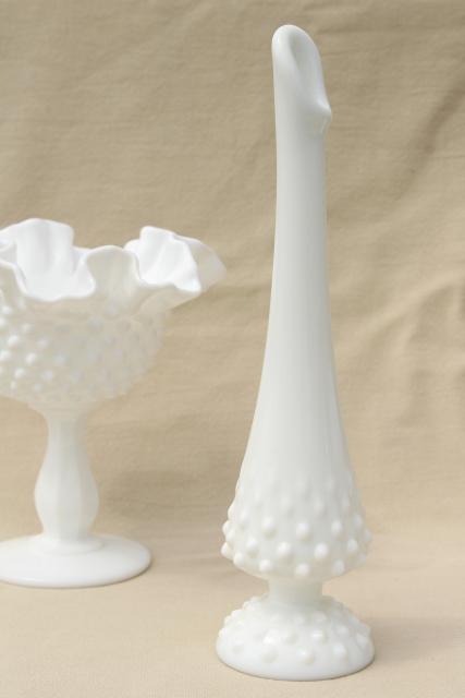 photo of instant collection of flower vases, vintage Fenton hobnail milk glass lot #13