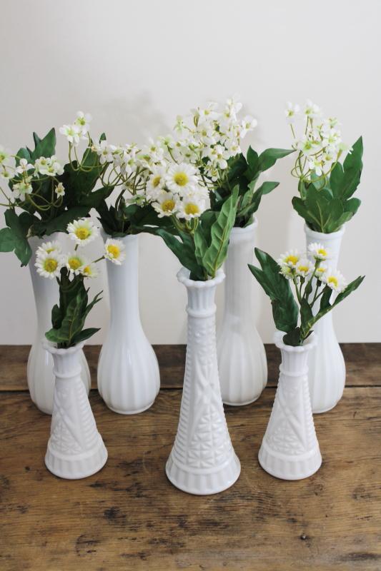 photo of instant collection of vintage milk glass bud vases, florists vase lot #1