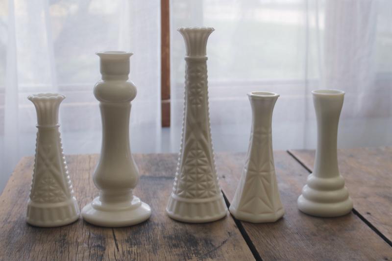 photo of instant collection of vintage milk glass bud vases, grouping of five flower vases #3