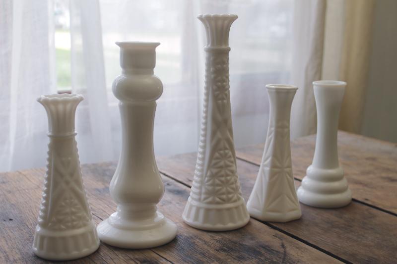 photo of instant collection of vintage milk glass bud vases, grouping of five flower vases #4