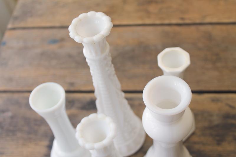 photo of instant collection of vintage milk glass bud vases, grouping of five flower vases #5