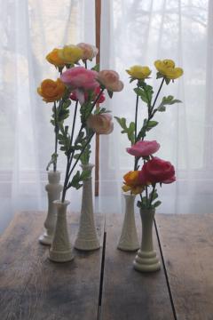 catalog photo of instant collection of vintage milk glass bud vases, grouping of five flower vases