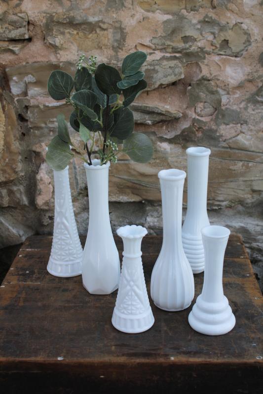 photo of instant collection of vintage milk glass bud vases, grouping of six flower vases #1