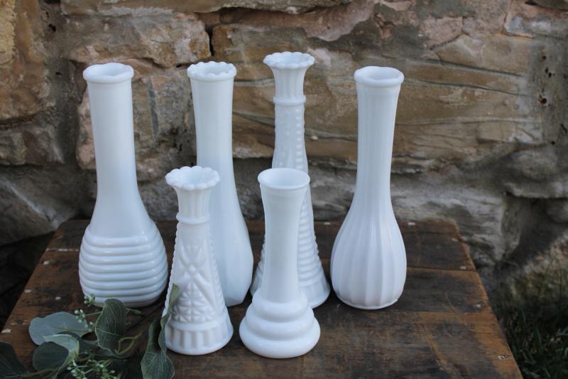 photo of instant collection of vintage milk glass bud vases, grouping of six flower vases #2