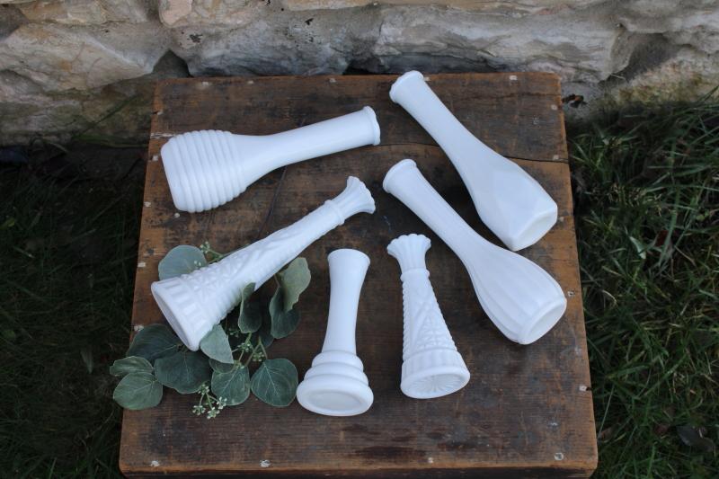 photo of instant collection of vintage milk glass bud vases, grouping of six flower vases #5