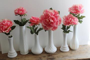 catalog photo of instant collection of vintage milk glass bud vases, grouping of six flower vases