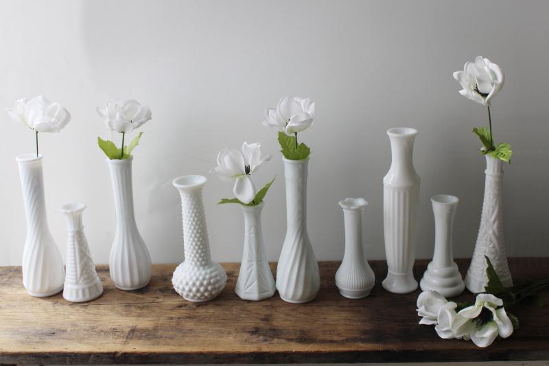 photo of instant collection of vintage milk glass bud vases, grouping of ten flower vases #1