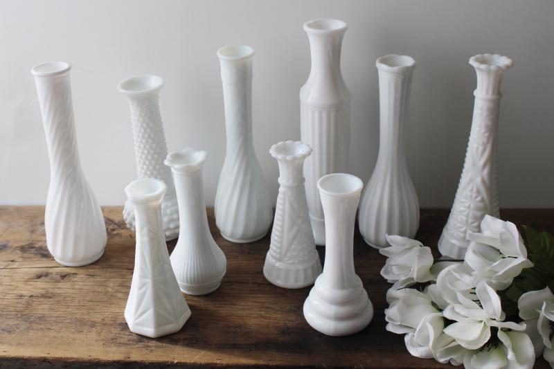 photo of instant collection of vintage milk glass bud vases, grouping of ten flower vases #2