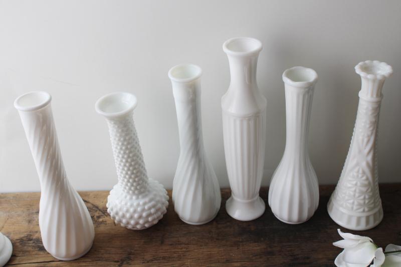 photo of instant collection of vintage milk glass bud vases, grouping of ten flower vases #3