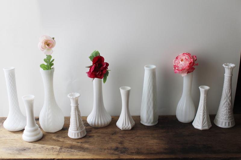 photo of instant collection of vintage milk glass bud vases, grouping of ten flower vases #1