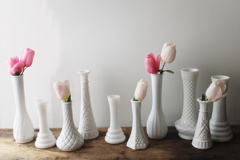 photo of instant collection of vintage milk glass bud vases, grouping of ten flower vases #1