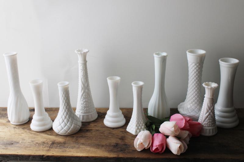photo of instant collection of vintage milk glass bud vases, grouping of ten flower vases #2