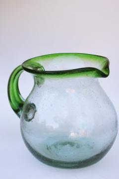 catalog photo of intage Mexican hand blown pitcher, recycled glass w/ tequila green trim