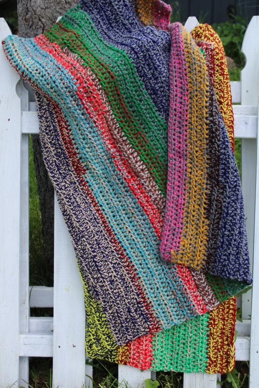 photo of intage handmade crochet afghan lap blanket, tweedy rainbow stripes soft acrylic yarn #4