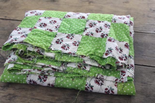 photo of intage patchwork quilt top or tablecloth, cottage style floral & apple green polka dots #2