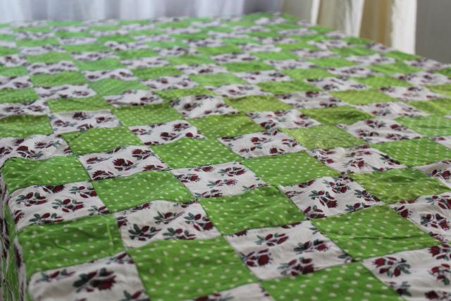 photo of intage patchwork quilt top or tablecloth, cottage style floral & apple green polka dots #3