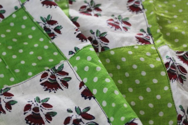 photo of intage patchwork quilt top or tablecloth, cottage style floral & apple green polka dots #5