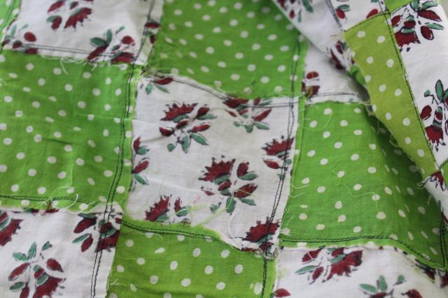 photo of intage patchwork quilt top or tablecloth, cottage style floral & apple green polka dots #6