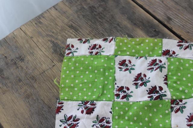 photo of intage patchwork quilt top or tablecloth, cottage style floral & apple green polka dots #7