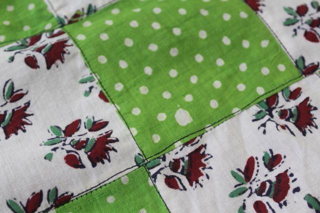 photo of intage patchwork quilt top or tablecloth, cottage style floral & apple green polka dots #8