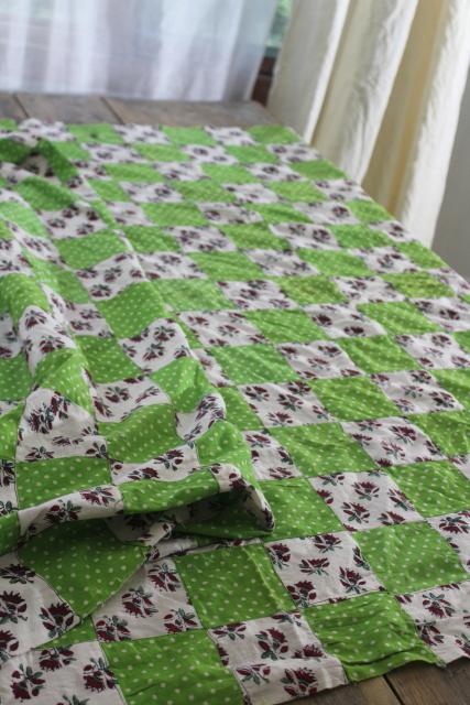 photo of intage patchwork quilt top or tablecloth, cottage style floral & apple green polka dots #10