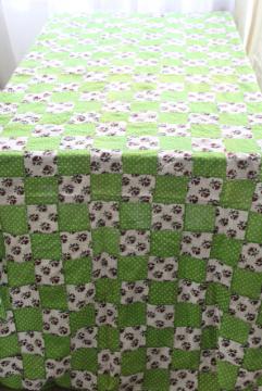 catalog photo of intage patchwork quilt top or tablecloth, cottage style floral & apple green polka dots