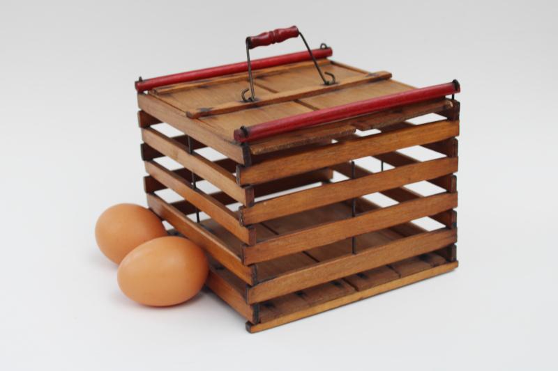 photo of intage wood egg crate salesman's sample, child's size carrier tote box for eggs #2