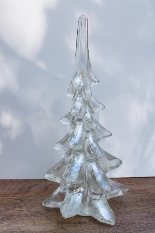 photo of iridescent glass Christmas tree figurine, clear pearl luster white carnival glass #1