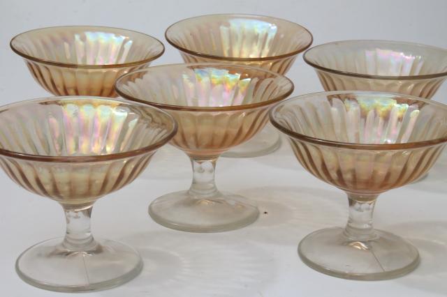 photo of iridescent glass sherbets or ice cream dishes, vintage depression glass marigold luster #1