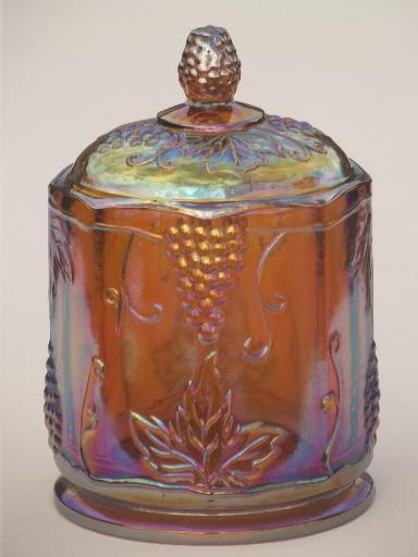 photo of iridescent gold carnival glass canister jar, vintage grapes Indiana glass #1