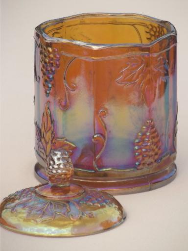 photo of iridescent gold carnival glass canister jar, vintage grapes Indiana glass #2