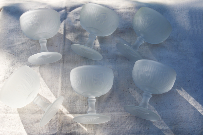 photo of iris and herringbone pattern clear frosted glass sherbet dishes or champagne glasses  #5