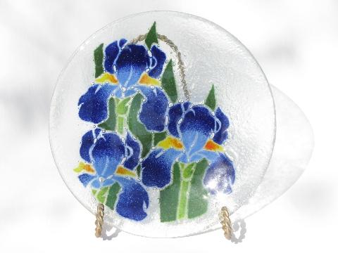 photo of iris flowers art glass plate, encased layered colored glass flower, clear bubbles #1