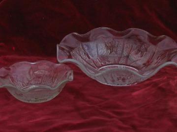 catalog photo of iris & herringbone pattern crimped ruffle edged bowls, vintage pressed glass