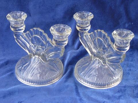 photo of iris & herringbone pattern pair vintage pressed glass branched candlesticks #1