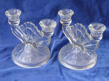 catalog photo of iris & herringbone pattern pair vintage pressed glass branched candlesticks