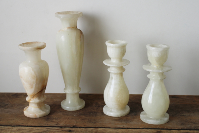 photo of ivory colored marbled stone candle holders & vases, carved alabaster or onyx  #1