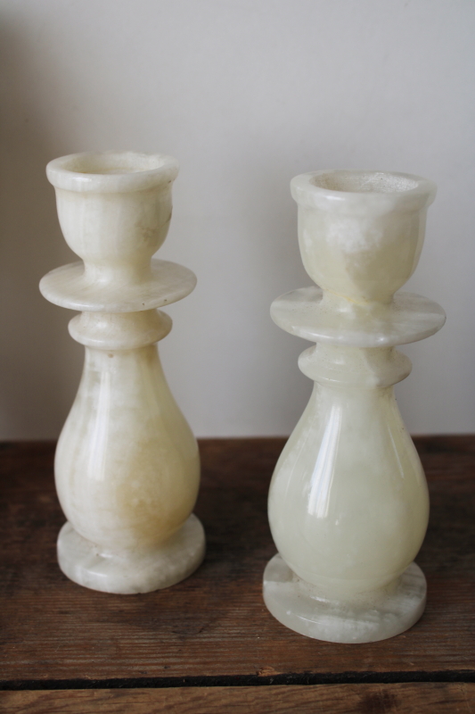 photo of ivory colored marbled stone candle holders & vases, carved alabaster or onyx  #2