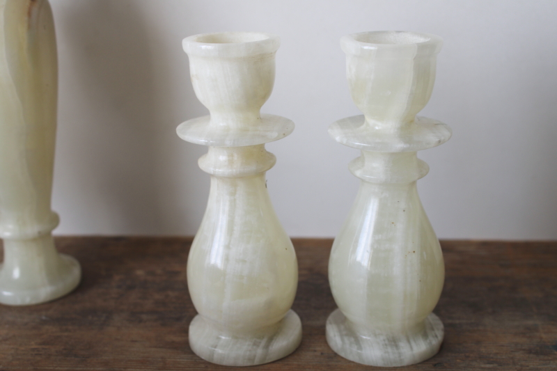photo of ivory colored marbled stone candle holders & vases, carved alabaster or onyx  #3