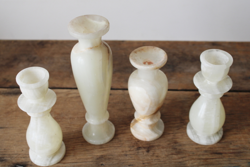 photo of ivory colored marbled stone candle holders & vases, carved alabaster or onyx  #4