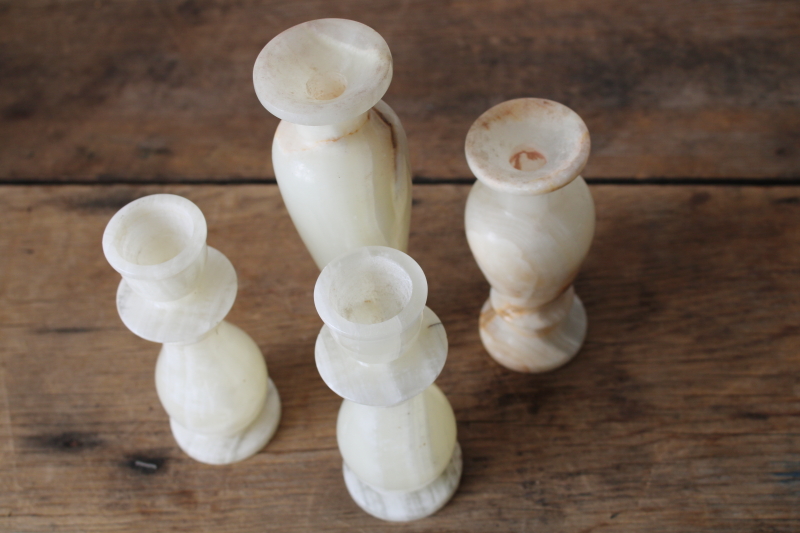 photo of ivory colored marbled stone candle holders & vases, carved alabaster or onyx  #5