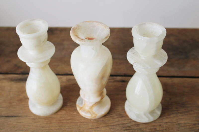 photo of ivory colored marbled stone candle holders & vases, carved alabaster or onyx  #7