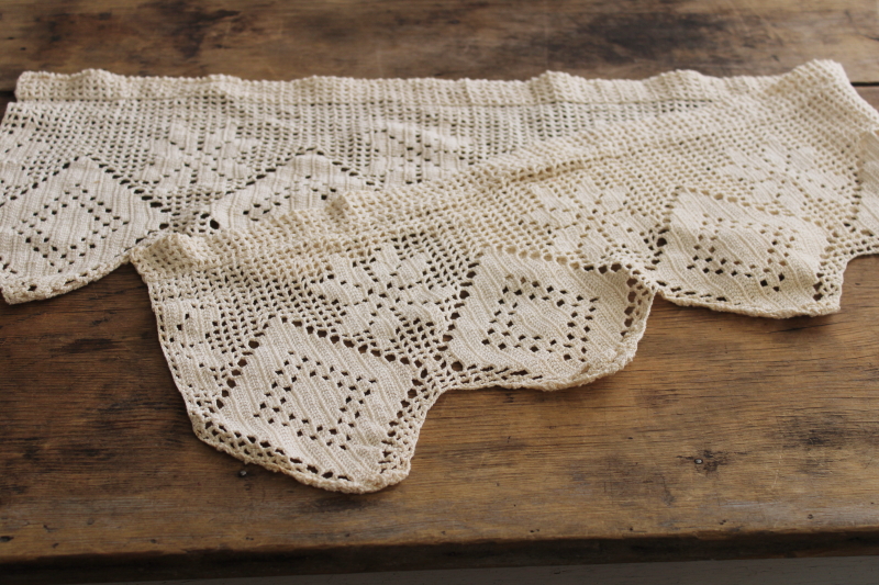 photo of ivory cotton crochet lace valance curtain, 90s vintage shabby country cottage chic  #4