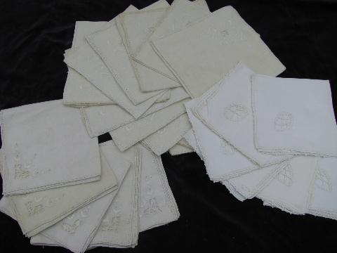 photo of ivory linen vintage hemstitched dinner napkins lot, white on white embroidery #1