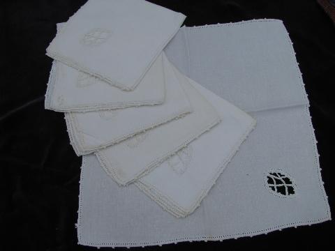 photo of ivory linen vintage hemstitched dinner napkins lot, white on white embroidery #2