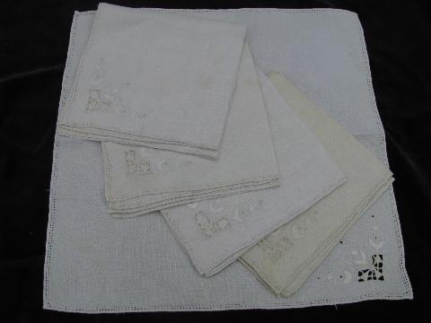 photo of ivory linen vintage hemstitched dinner napkins lot, white on white embroidery #4
