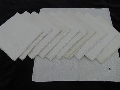 photo of ivory linen vintage hemstitched dinner napkins lot, white on white embroidery #6