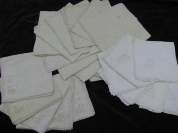 catalog photo of ivory linen vintage hemstitched dinner napkins lot, white on white embroidery