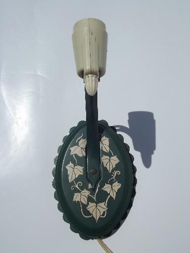 photo of ivy green tole pin up reading lamp, vintage 40s wall sconce light #2