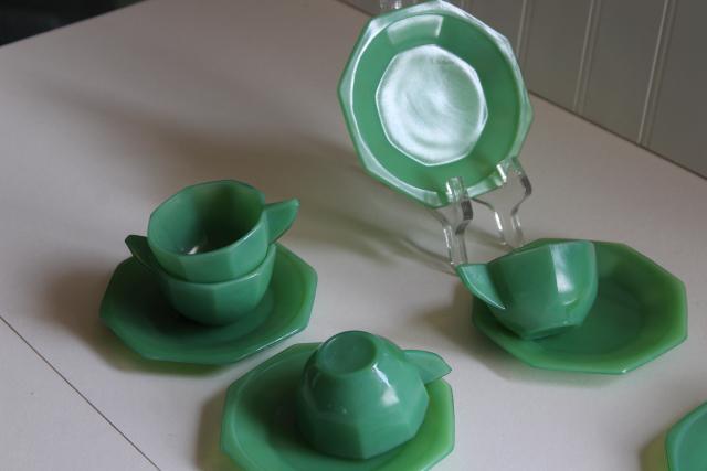 photo of jadite green glass doll dishes, vintage Akro Agate depression glass toy tea set #7